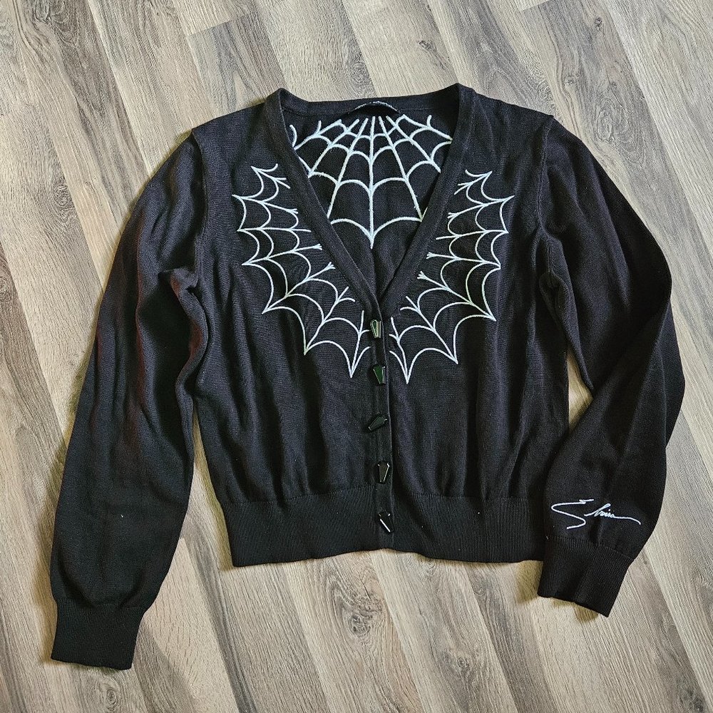 ELVIRA DOLLSKILL COLLAB EMBROIDERD SPIDER WEB CARDIGAN SZ XL NWOT
